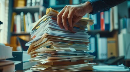 07231249 125. Detailed image of a businessmanâ€™s hand picking up and organizing a stack of overloaded documents, aiming to categorize them efficiently in an office room cluttered with paperwork and