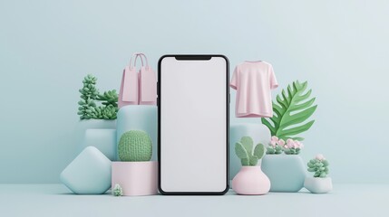 Phone Mockup with Pastel Pink and Blue Background  Cactus and Plants