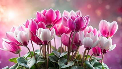 Fototapeta premium Delicate cyclamen flowers in shades of pink and white , Cyclamen, flowers, pink, white, delicate, petals, blooming, plant