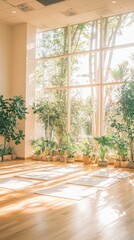 Yoga Studio with Large Window  Sunbeams and Plants