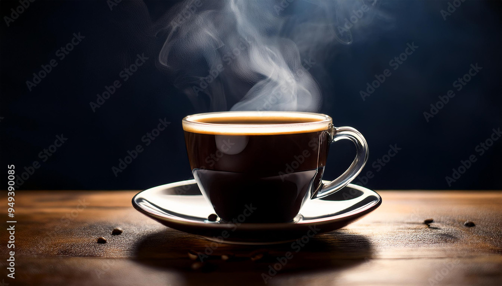 Poster the most super delicious steaming brew of coffee, sitting on a dark table to emphasize the steam com