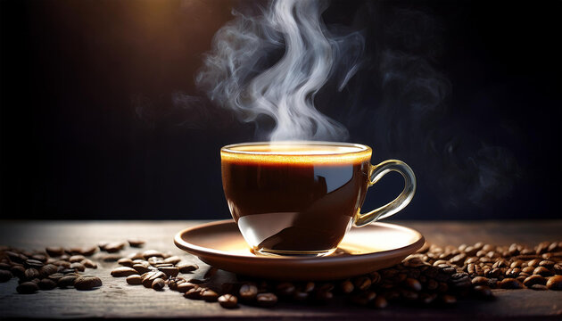 The most super delicious steaming brew of coffee, sitting on a dark table to emphasize the steam coming from the coffee
