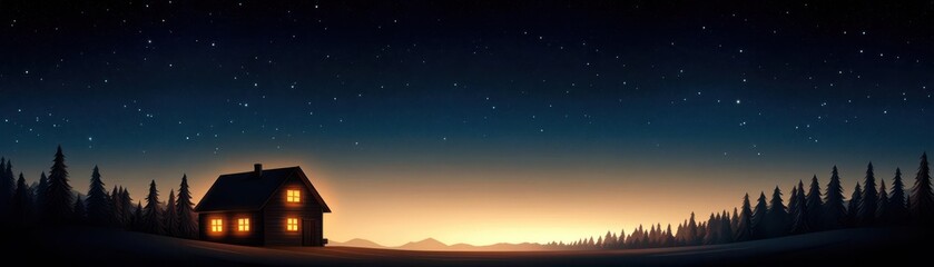 A serene night scene featuring a cozy house with warm lights against a starry sky and silhouette of trees.