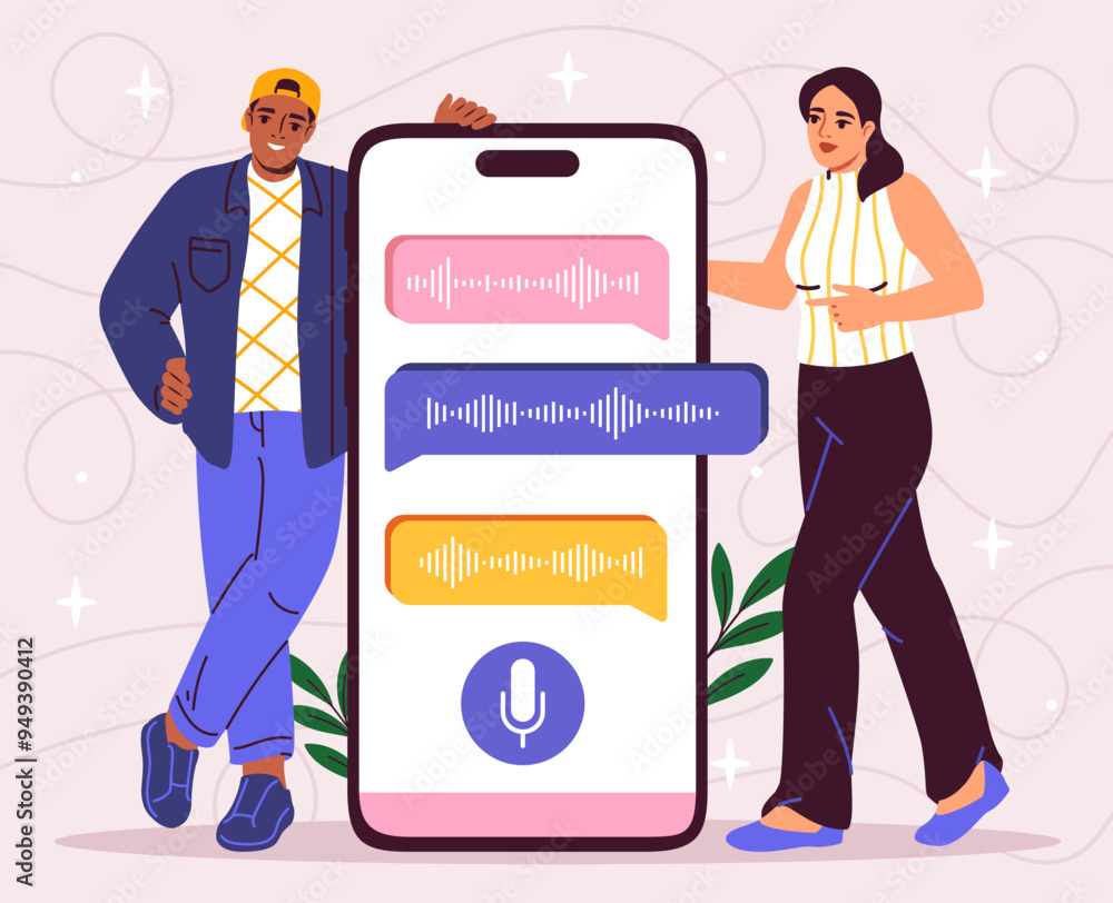 Poster voice message at smartphone. man and woman with online communication on social networks. audio files