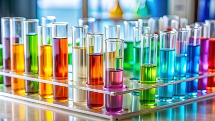 Assorted analysis test tubes with colorful liquids on a laboratory table, science, chemistry, lab, research