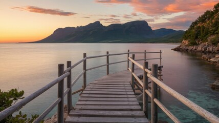 Peaceful Footbridge Overlooking the Sea at Sunset for Meditation and Yoga