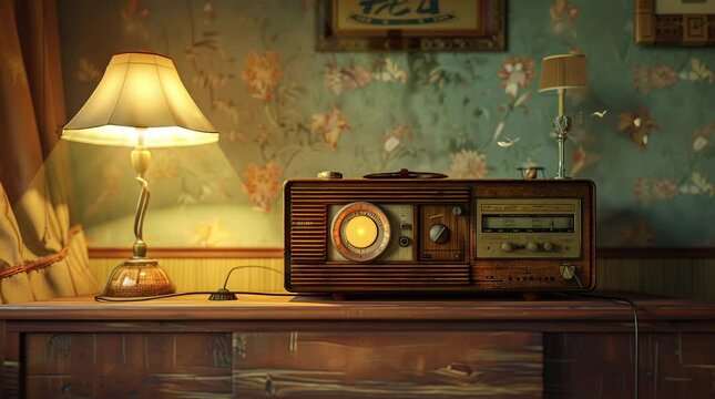 Retro vintage radio sitting on a wooden table in a classic room with timeless decor and warm light
seamless looping 4k time-lapse virtual video animation background. generated ai