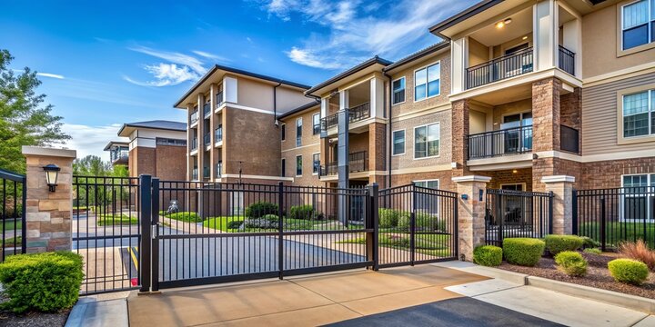 Apartment complex with gated entrance , residential, building, complex, gate, entrance, home, neighborhood, community