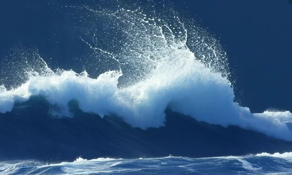 Tumultuous ocean with dynamic waves against deep blue background