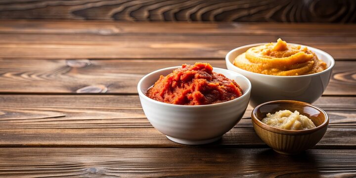 Two bowls of white miso and red miso paste on a wooden table , miso, Japanese, food, cuisine, traditional, fermented