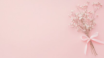 Naklejka premium Delicate White Flowers with Pink Ribbon on Pink Background