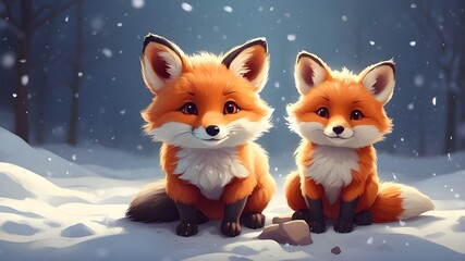 Fototapeta premium Illustration of two adorable tiny foxes in the snow. Snow-loving animals