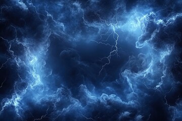 Vector frame design made of stormy blue sky with smoke and fog effects, accentuated by the radiance of branched lightning to create spectacular background images with generative ai