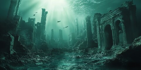 Fototapeta premium Sunbeams pierce the murky depths, illuminating the ruins of an ancient city submerged beneath the sea.
