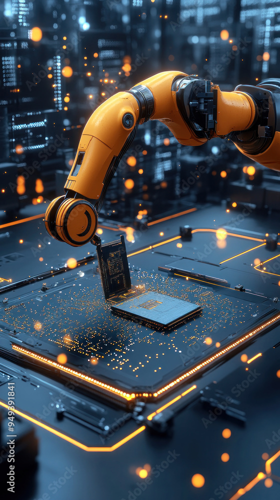 Poster a robot is working on a computer chip. the robot is orange and is surrounded by a lot of glowing lig