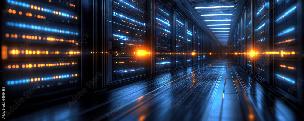 Poster a computer server room with a blue background and orange lights. the room is filled with rows of ser