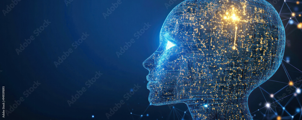 Poster a computer generated image of a brain with a light shining on it. the image is blue and has a futuri