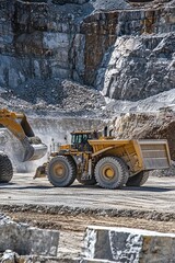 An operator in a large loader scoops and moves materials on a mining site. The vast site features other heavy
