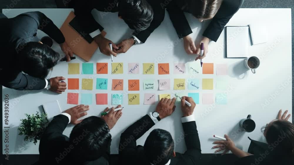 Poster smart cooperate business people writing and brainstorming business idea by using sticky notes. top v