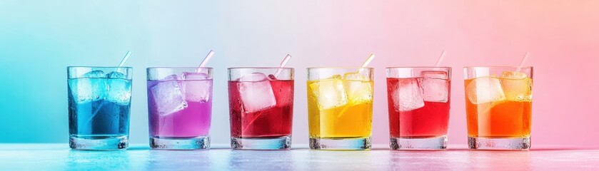 Refreshing Variety of Colorful Drinks with Ice Cubes in Glasses Amid Condensation - Copy Space Available for Text