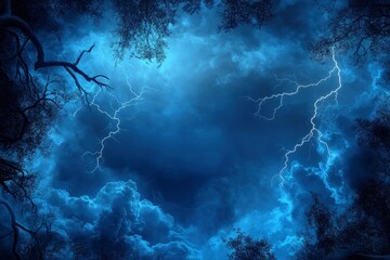 Fototapeta premium Vector frame design made of stormy blue sky with smoke and fog effects, accentuated by the radiance of branched lightning to create spectacular background images with generative ai