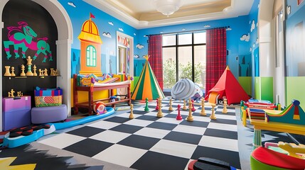Vibrant colorful childrens playroom with a giant chess board on the floor and chessthemed toys and decor The room is designed to be fun and educational encouraging kids to learn and play chess