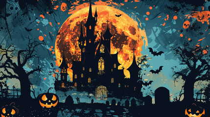 Halloween castle with glowing jack-o-lanterns and bats under a large full moon
