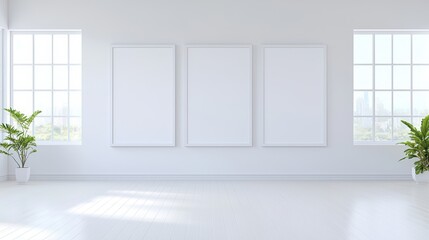 Empty Room with Three White Frames and Windows