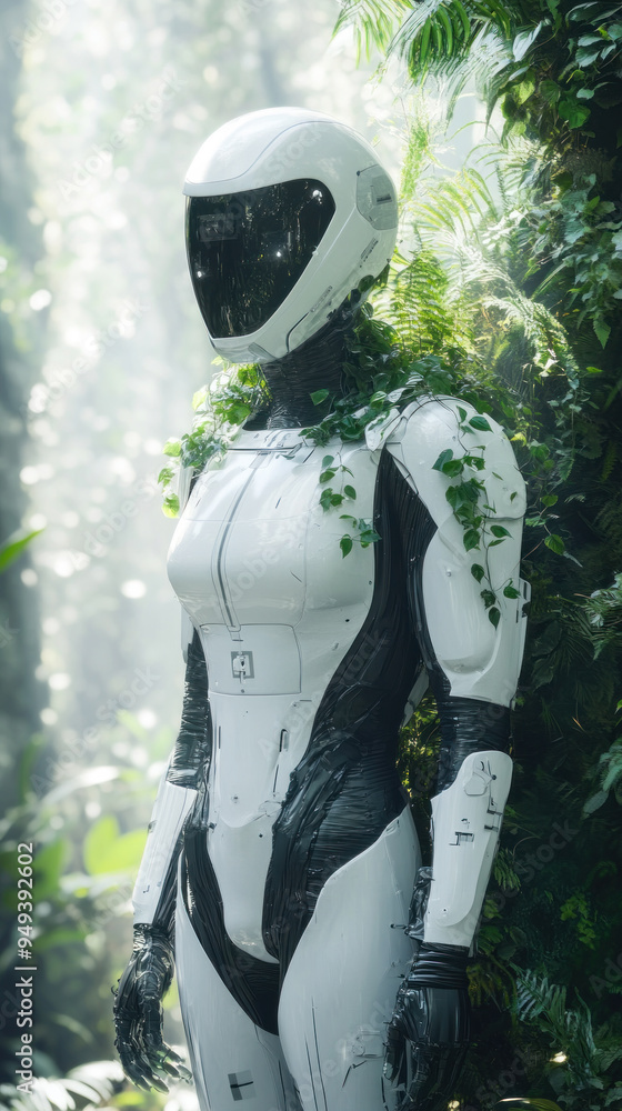 Poster a robot with a helmet and a green leaf on its head. the robot is standing in a forest