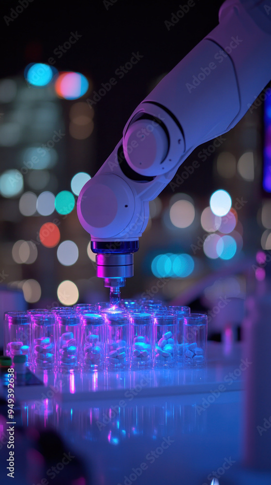 Poster a robot is working on a table with many small glass containers. the robot is focused on its task, an