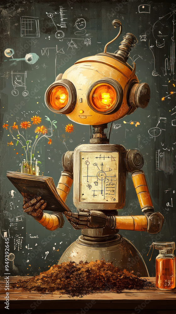 Poster a robot is holding a book and a vase of flowers. the robot is wearing a lab coat and has a clock on 
