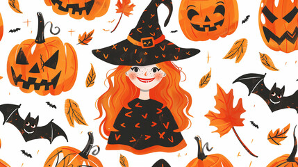 Fototapeta premium Cute witch girl with pumpkins and bats in a whimsical Halloween illustration