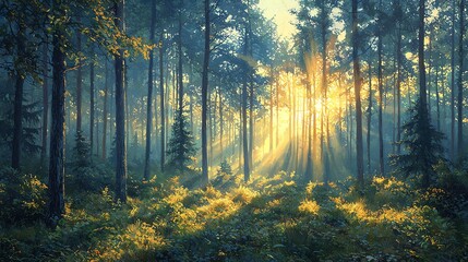 Naklejka premium Sun rays shine through the trees in a dense forest.