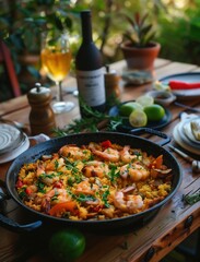 Rustic Spanish Paella, Mediterranean Outdoor Dining with Traditional Flair