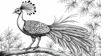 Naklejka premium Hand Drawn Peacock Bird Illustration Black and White Line Art Elegant Animal Print Feathers Design Nature Art