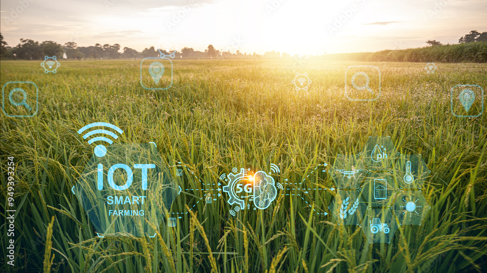 Poster rice field iot technology research about agriculture problems analysis data and visual icon.