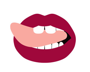 Woman lips concept. Female mouth with lipstick and sexy tongue sticking out. Beauty aesthetics and elegance. Sticker for social networks. Flat vector illustration isolated on white background