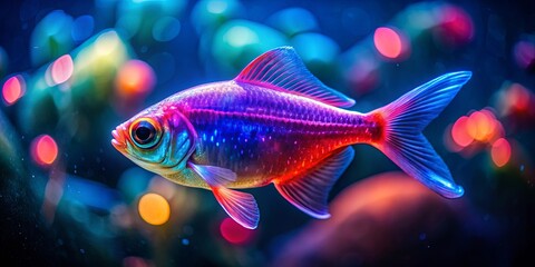 Fototapeta premium Neon glowing fish in dark aquarium with blurred background , underwater, glowfish, tetra, flock, beautiful, neon, glowing