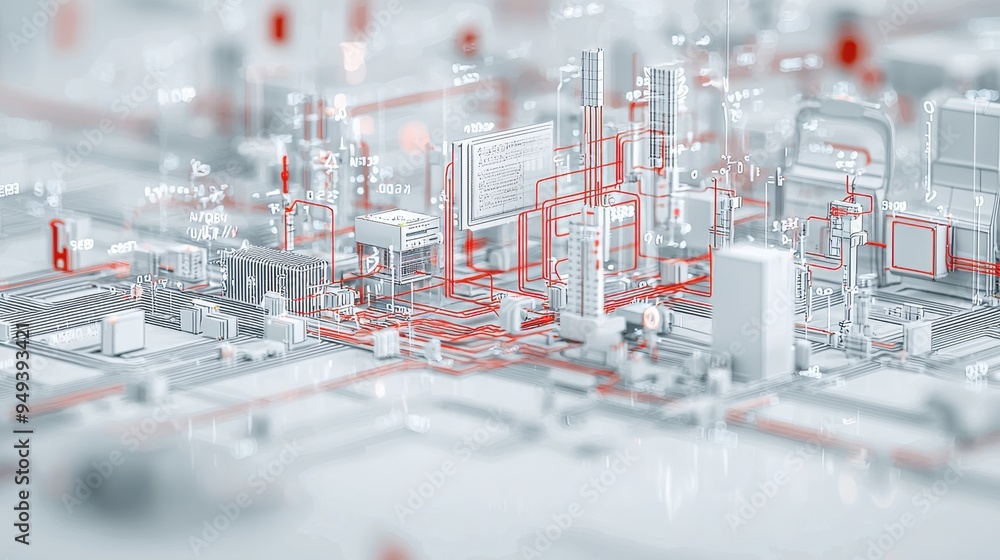 Poster abstract technology circuit board with red wires and numbers