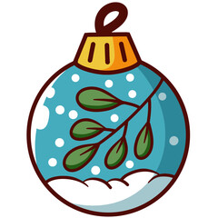Christmas Ball With Leaves And Snow Inside SVG PNG. Christmas ornament hanging isolated background