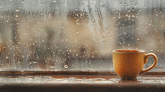 07231249 234. Still life scene with a coffee cup on a windowsill, framed by a window covered in raindrops, evoking a sense of warmth and relaxation