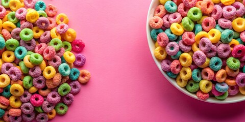 Colorful cereal on a pink background, cereal, colorful, vibrant, breakfast, food, pink, background, healthy, nutrition, fruity