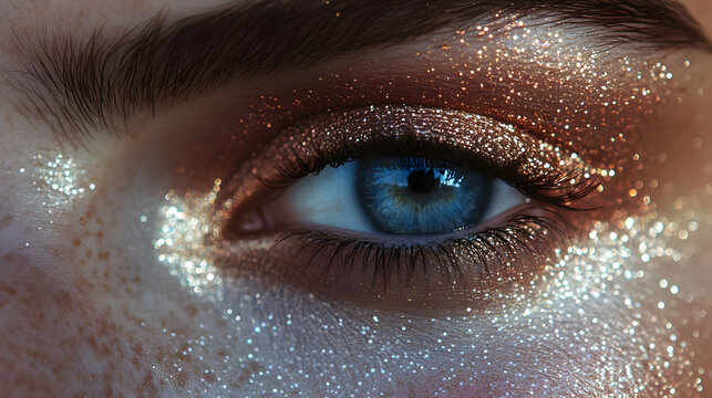 Close up of Blue Eye with Shimmering Gold and Silver Glitter Makeup