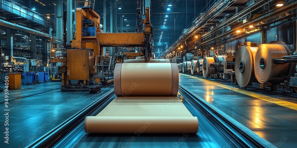 Poster robotic arm handling paper rolls in factory. robotic arm handles large paper rolls in an industrial 