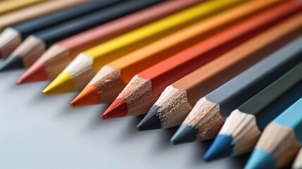 Obraz premium 07231249 240. Elegant arrangement of pencils with varying colors and graphite cores, encased in both wooden and plastic barrels, laid out on a minimalist surface with soft, natural lighting