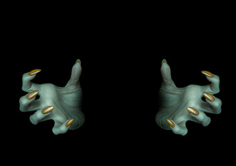 Monsters hands with sharp yellow nails and knobby fingers in the dark, close up, selected focus.