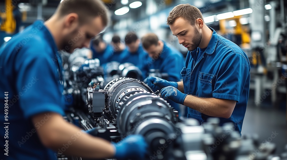 Aufkleber precision engine assembly line with workers. engine assembly line with workers focusing on assemblin
