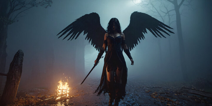 igure of dark angel, from the darkness, foggy