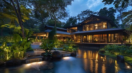 Fototapeta premium Modern house with a sleek design is surrounded by lush green foliage and a tranquil pond reflecting the evening lights.
