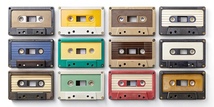 Mockup templates for old cassette tape collection with blank label for customization, retro, vintage